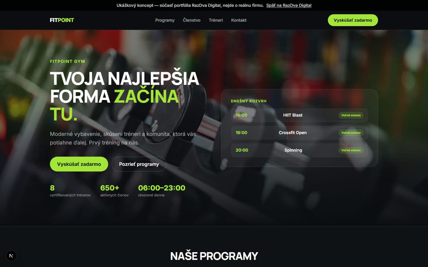 Ukážkový web pre fitness centrum FitPoint Gym